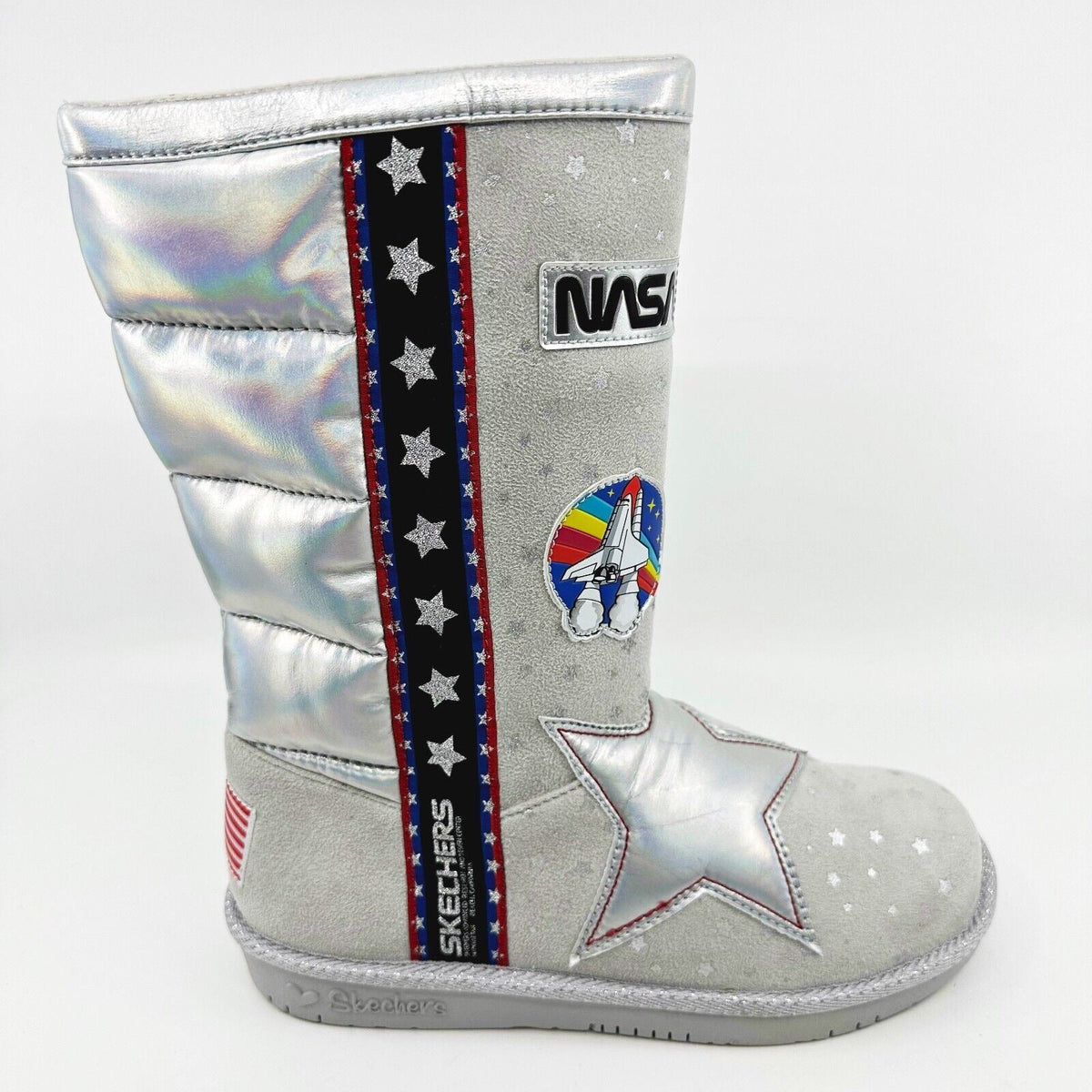 Skechers Glamslams Star Explorer Gray Kids Girls Size 4 NASA Space Tall Boots